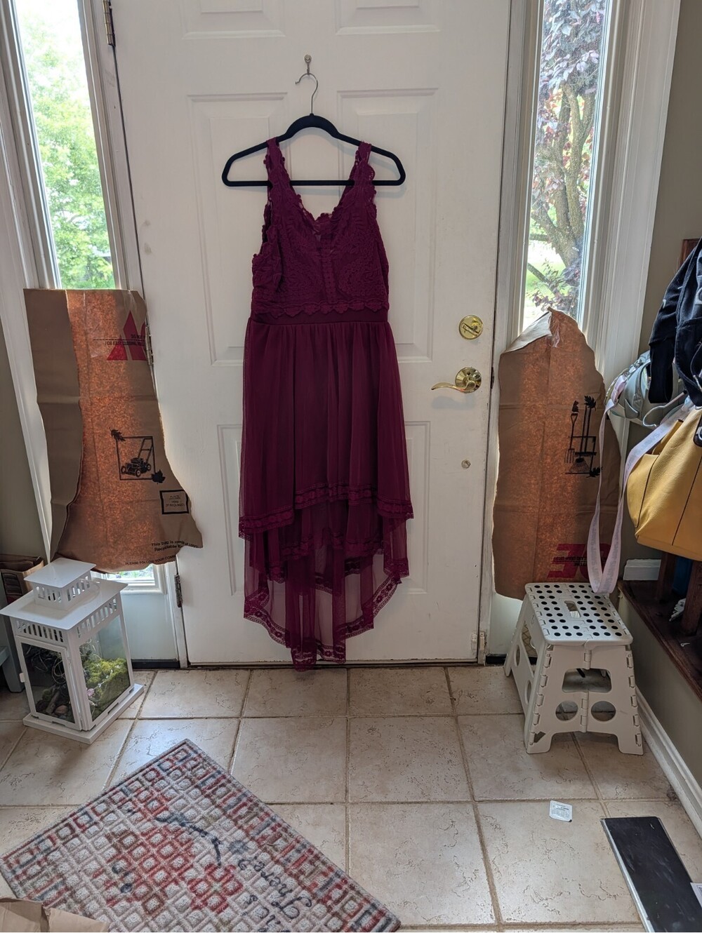 Francesca's Red Lace Dress With Asymmetrical Hem Size Large